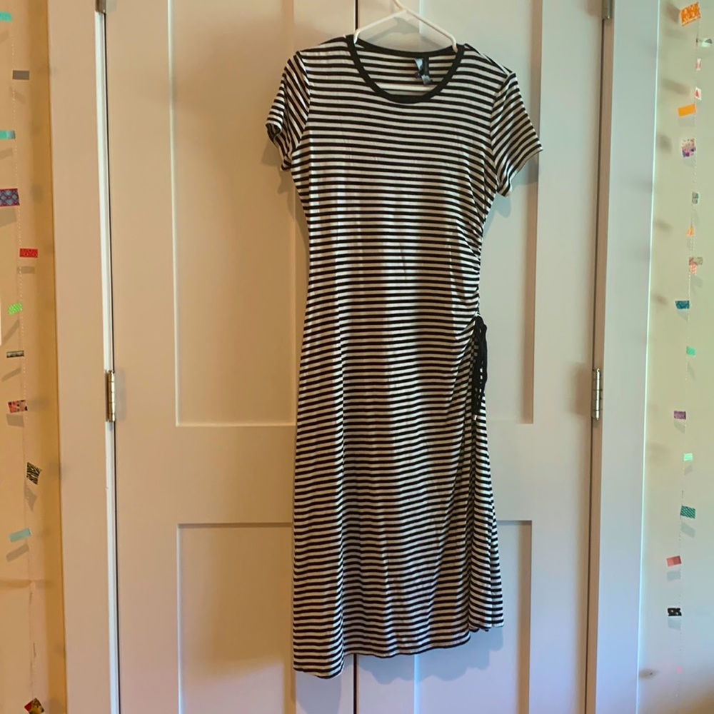 Theory Brand Maxi Dress in Cotton Black and White Strip w/ruched side tie